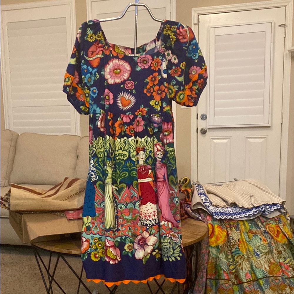 Ivy Jane Blue and Orange Sundress with Puff Sleeves and Sweetheart Neckline